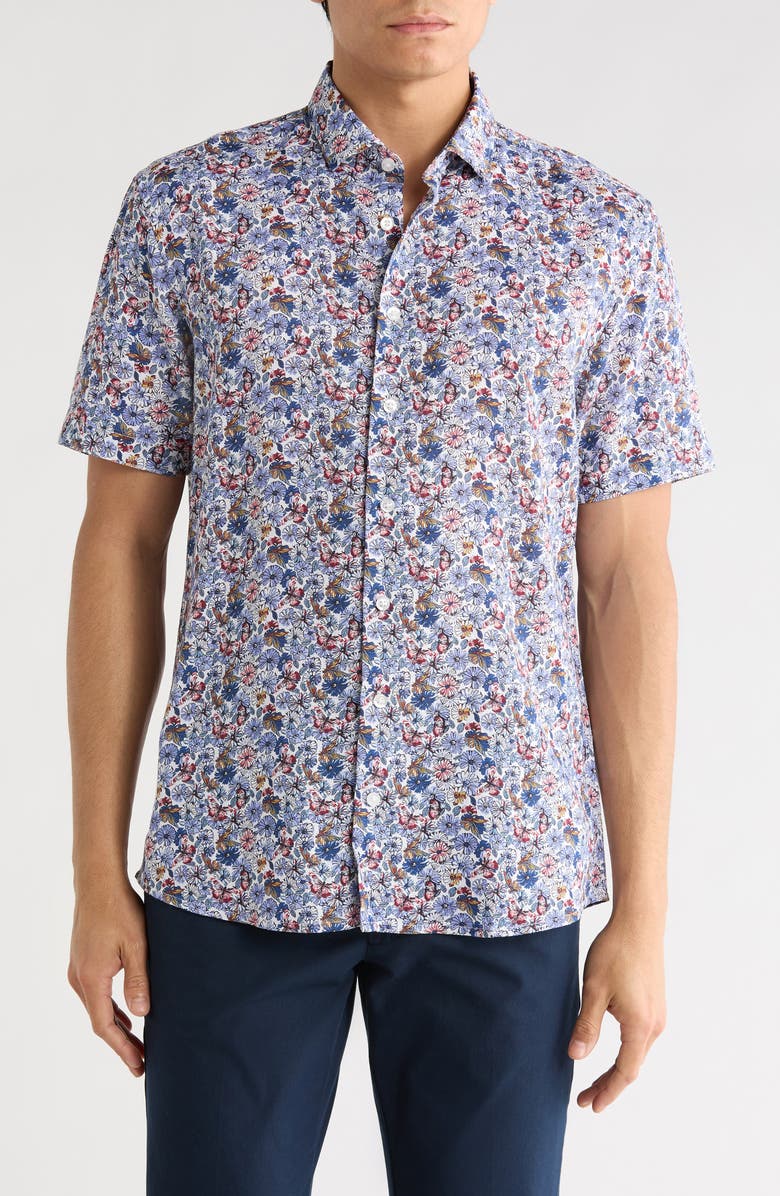 SOUL OF LONDON Floral Short Sleeve Viscose & Linen Button-Up Shirt, Main, color, White Multi/ Multi