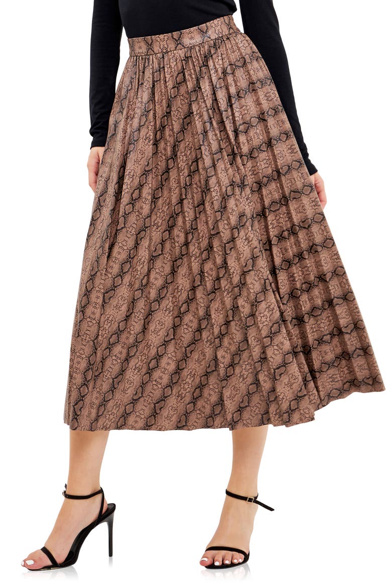 Snakeskin Print Pleated Midi Skirt, Alternate, color, TAN