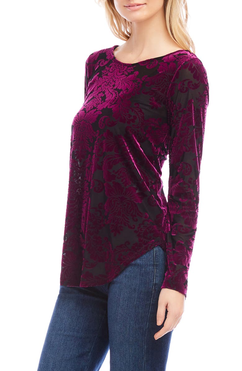 Karen Kane Floral Velvet Burnout Shirttail Top, Alternate, color, Wine