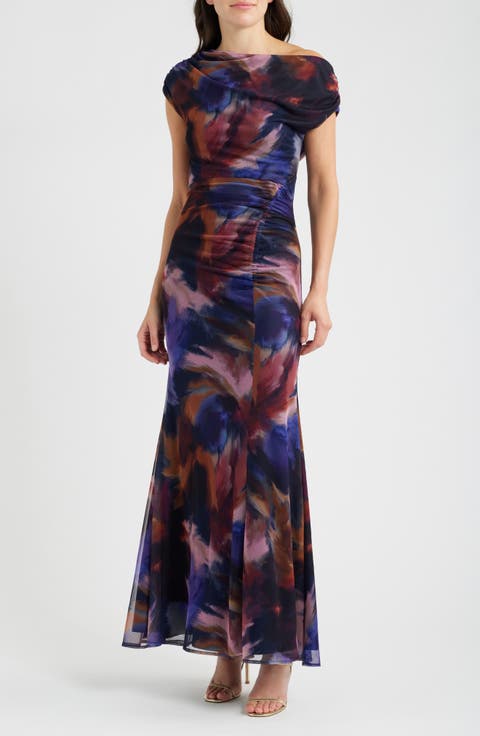 Asymmetric Ruched Mesh Gown