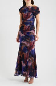 Vince Camuto Asymmetric Ruched Mesh Gown