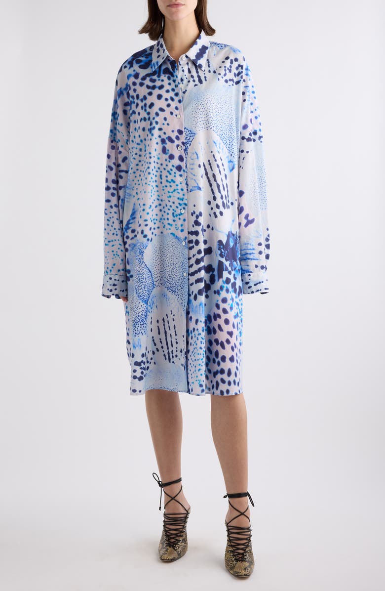 Dries Van Noten Dasia Orchid Spot Long Sleeve Cotton Shirtdress, Main, color, Blue