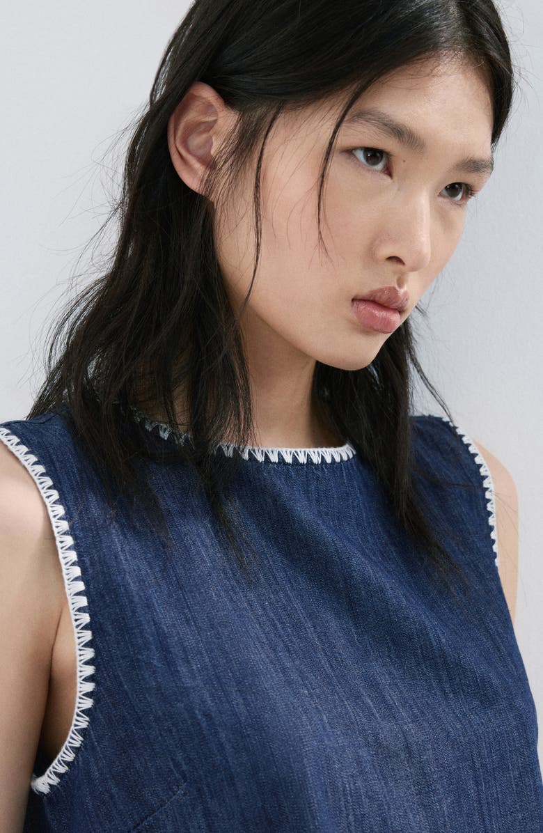 MANGO Whipstitch Detail Denim Tank, Alternate, color, Open Blue