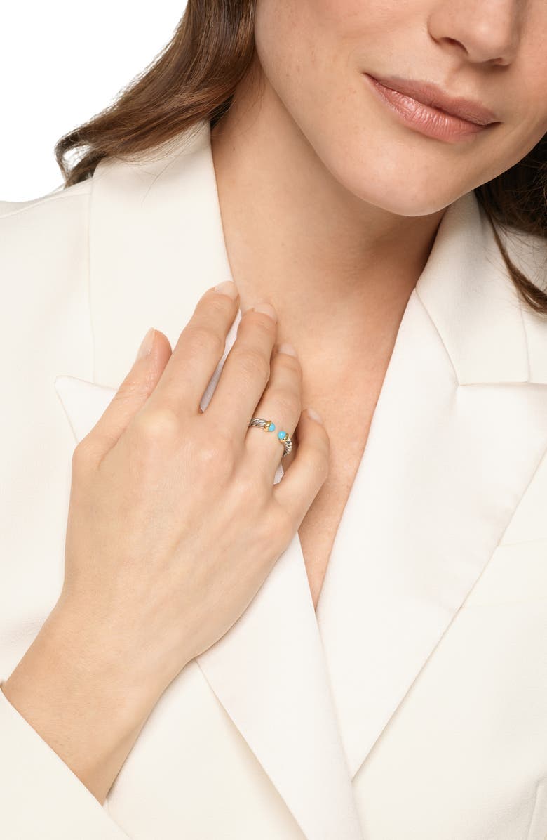 David Yurman Petite Cable Open Ring in Sterling Silver with 14K Yellow Gold, 3.4mm, Alternate, color, Reconstituted Turquoise
