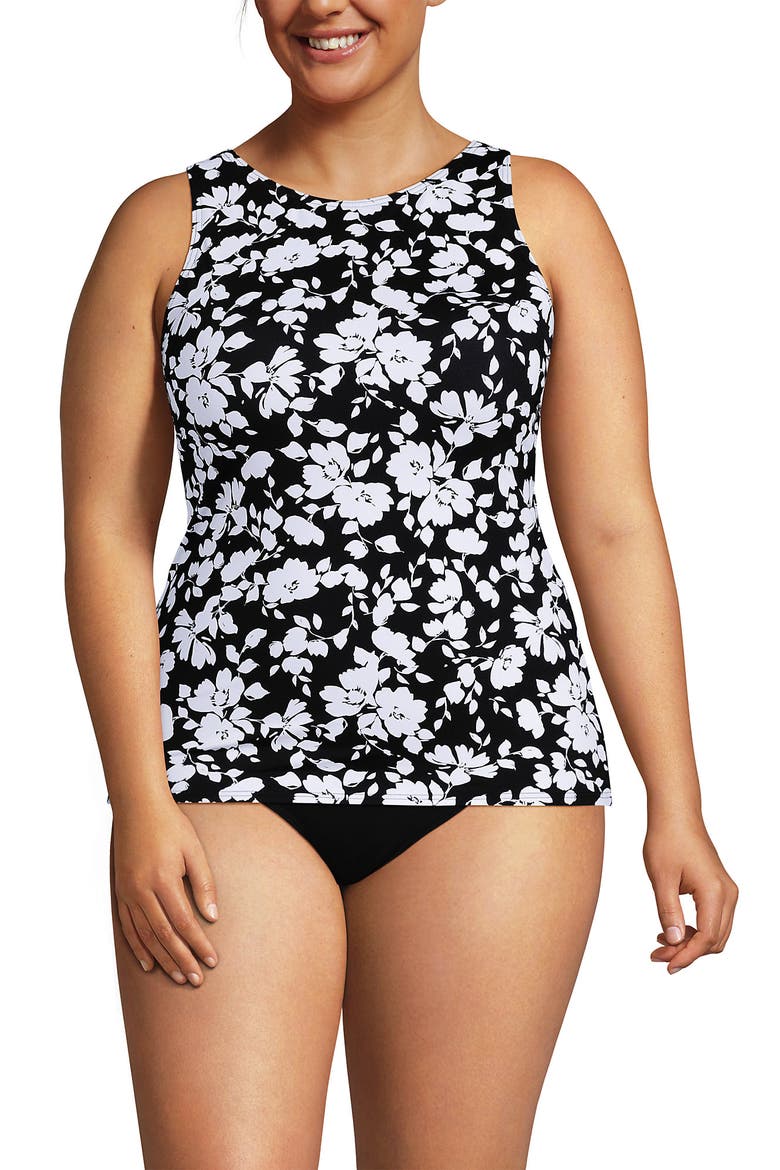 Plus Size High Neck UPF 50 Sun Protection Modest Tankini Swimsuit Top, Alternate, color, Black Blossom Floral