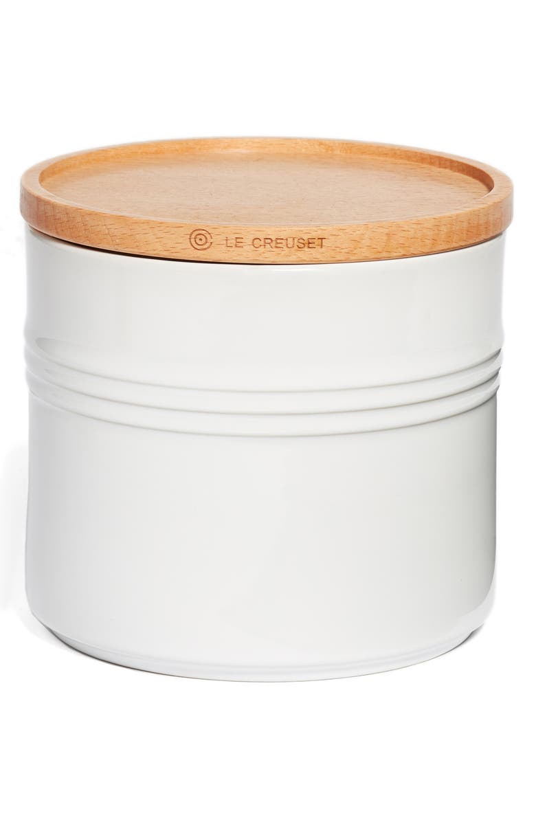 Le Creuset Glazed Stoneware 1 1/2 Quart Storage Canister with Wooden Lid, Alternate, color, White