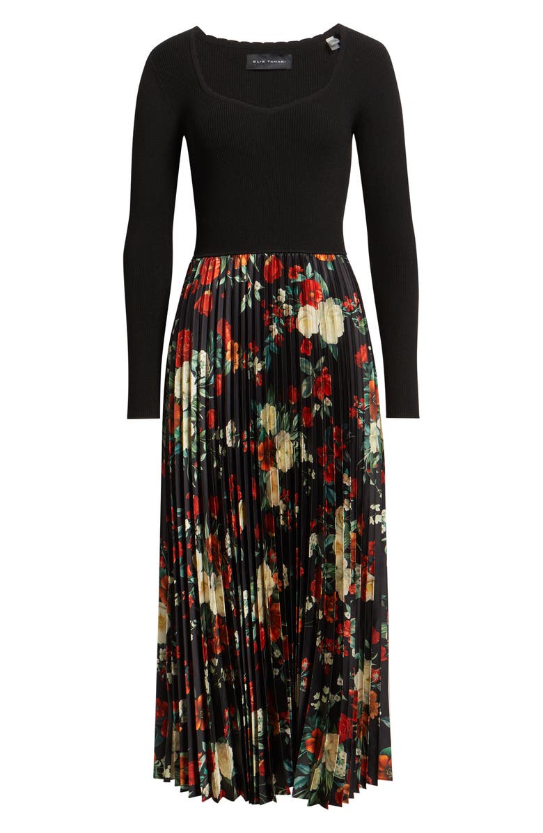 Elie Tahari The Maeve Long Sleeve Mixed Media Dress, Alternate, color, Noir Black/ Lovestruck