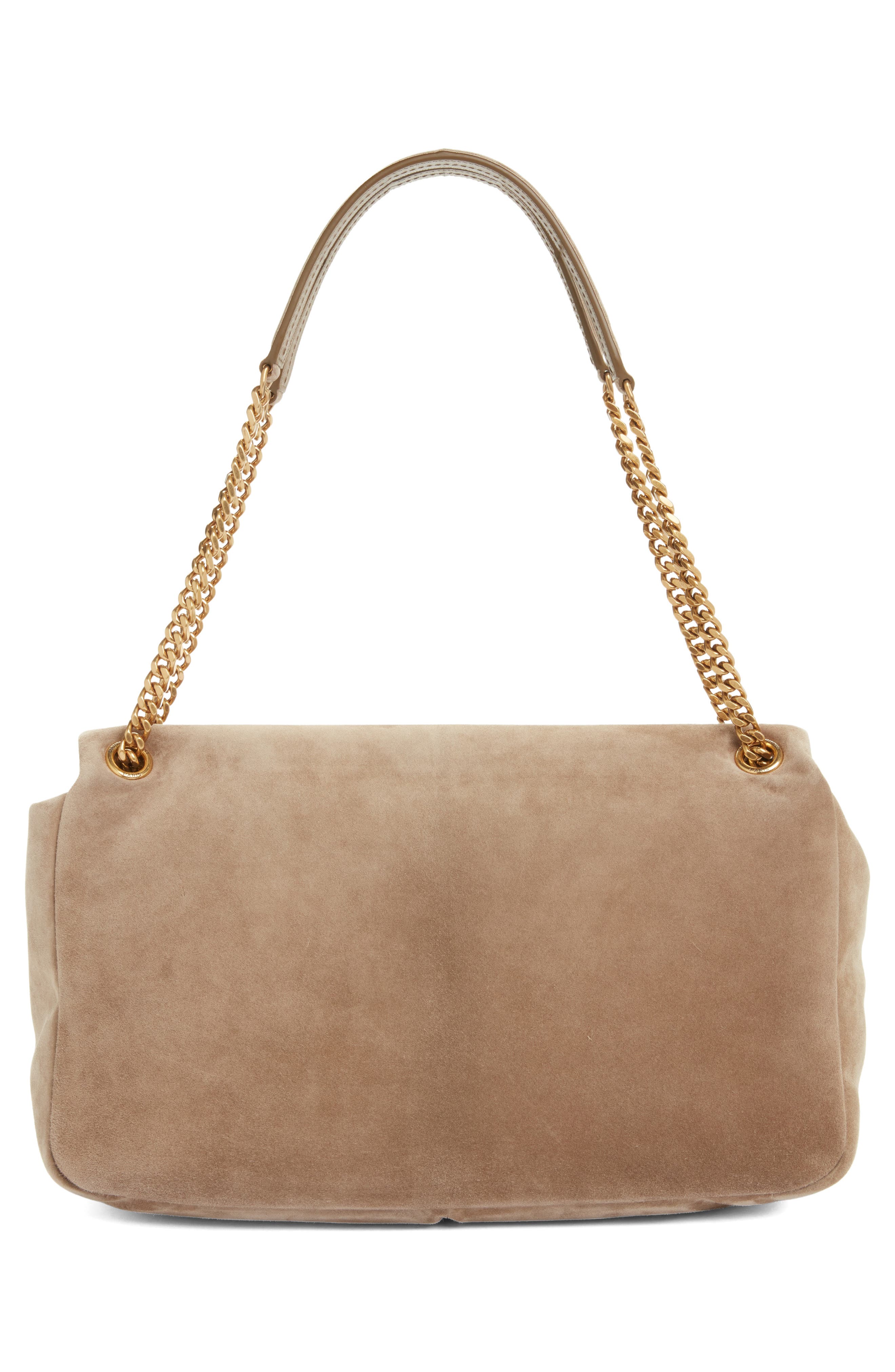 Saint Laurent Large Calypso Suede Shoulder Bag, Alternate, color, Dry Grain