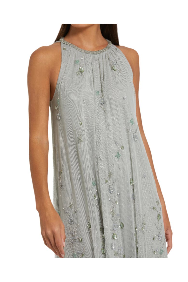 Women's High Neck Floral Embellished Mesh Trapeze Gown, Alternate, color, Sage