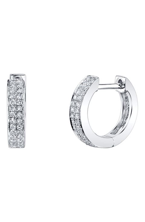 18k Gold Diamond Double Row Huggie Hoop Earrings
