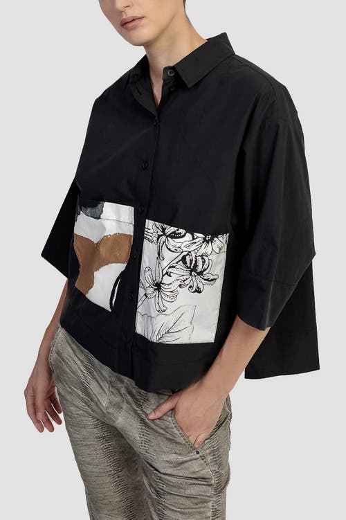 Alembika Boxy Button-up Shirt With Contrast Printed Pockets In Black/white