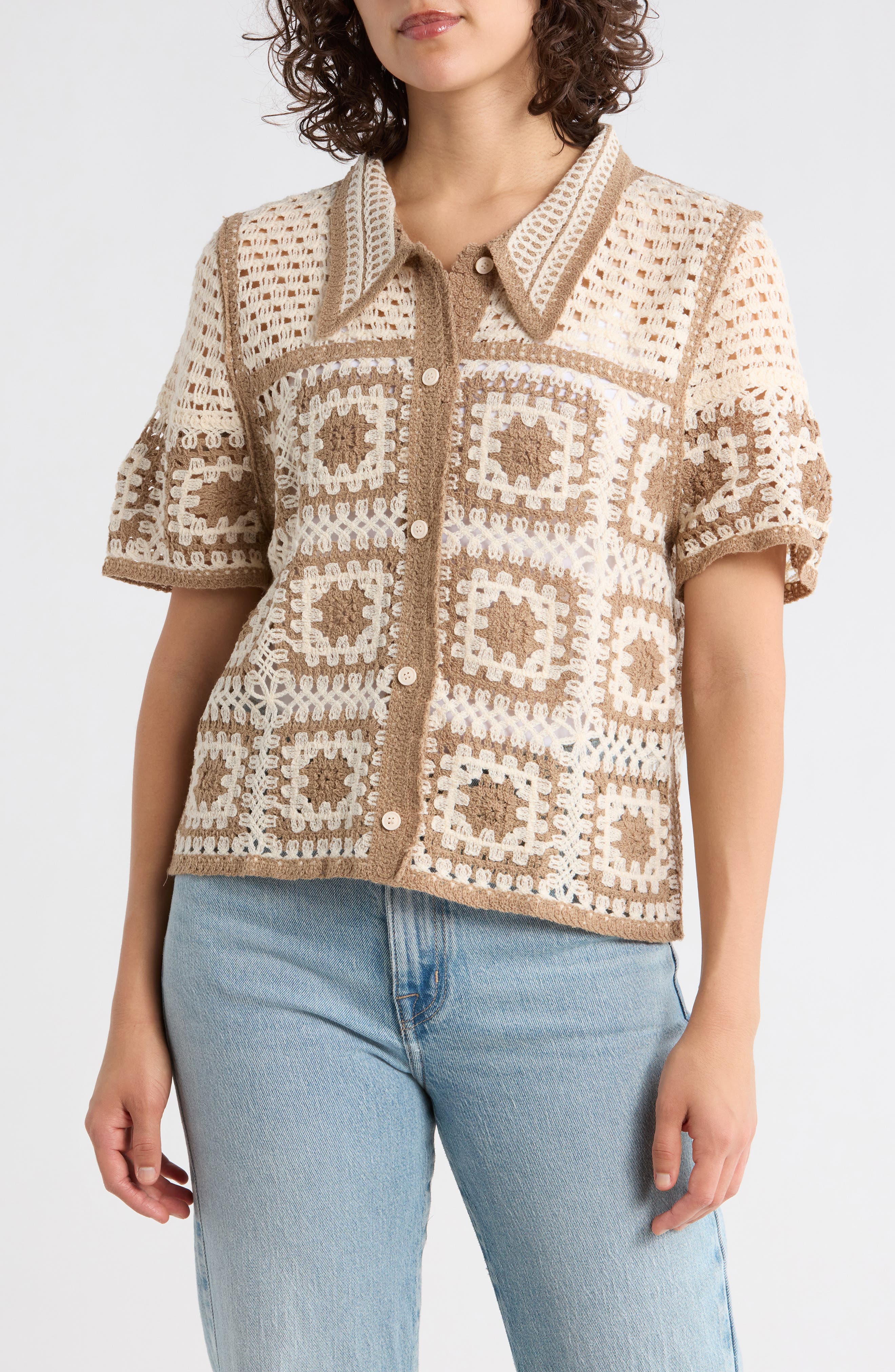 Forgotten Grace Open Knit Square Short Sleeve Cardigan