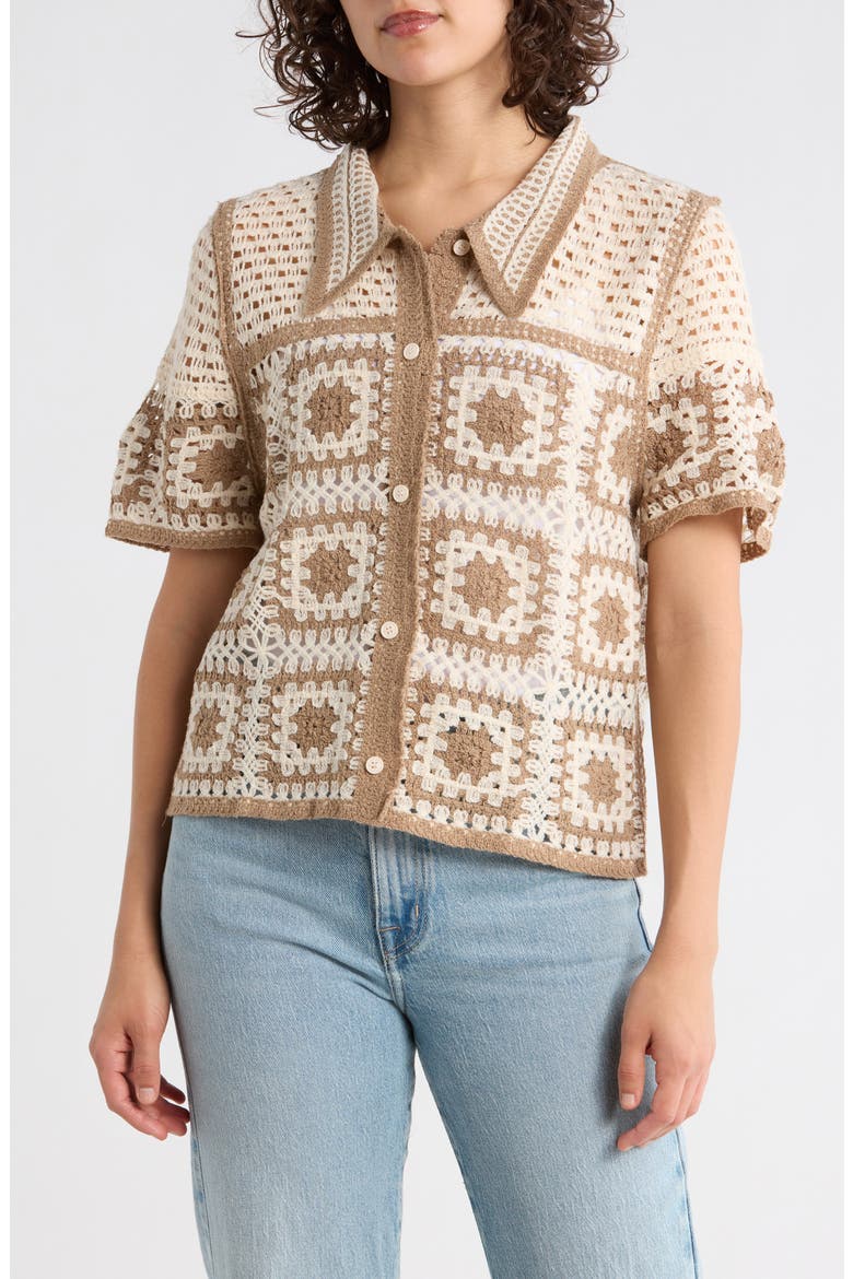 Open Knit Square Short Sleeve Cardigan, Main, color, NATURAL/ MOCHA