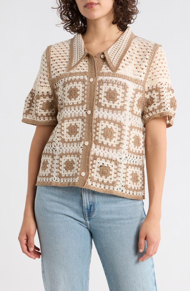 Forgotten Grace Open Knit Square Polo Sweater, Main, color, Natural/ Mocha