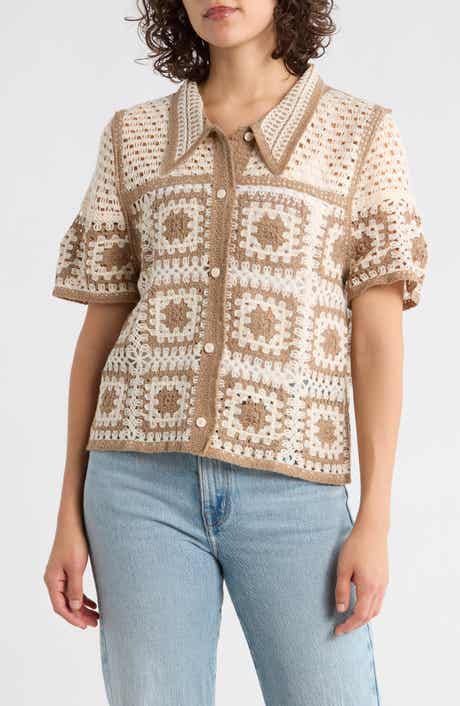 Forgotten Grace Open Knit Square Polo Sweater