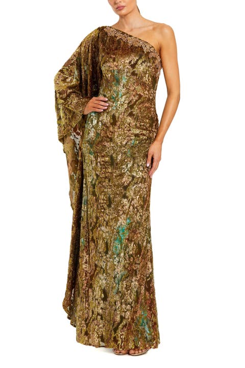 One Shoulder Metallic Burnout Velvet Evening Gown