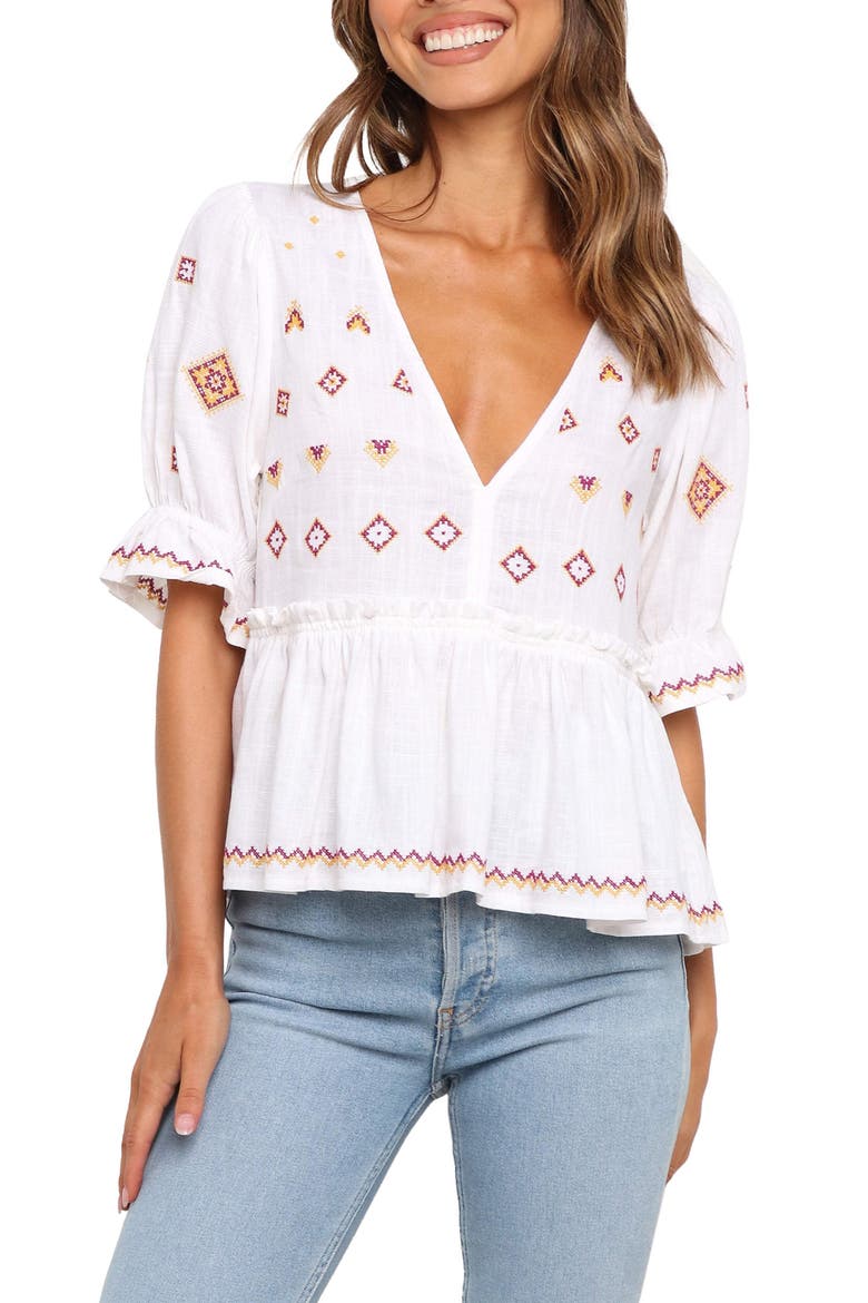 Dawstron Embroidered Cotton & Linen Top, Main, color, WHITE