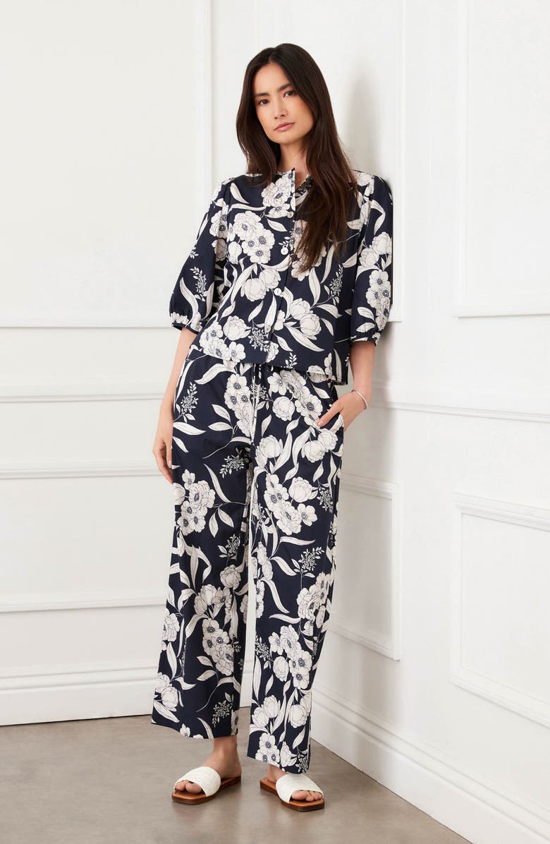 Karen Kane Floral Print Puff Sleeve Cotton Button-Up Shirt, Alternate, color, Floral Print