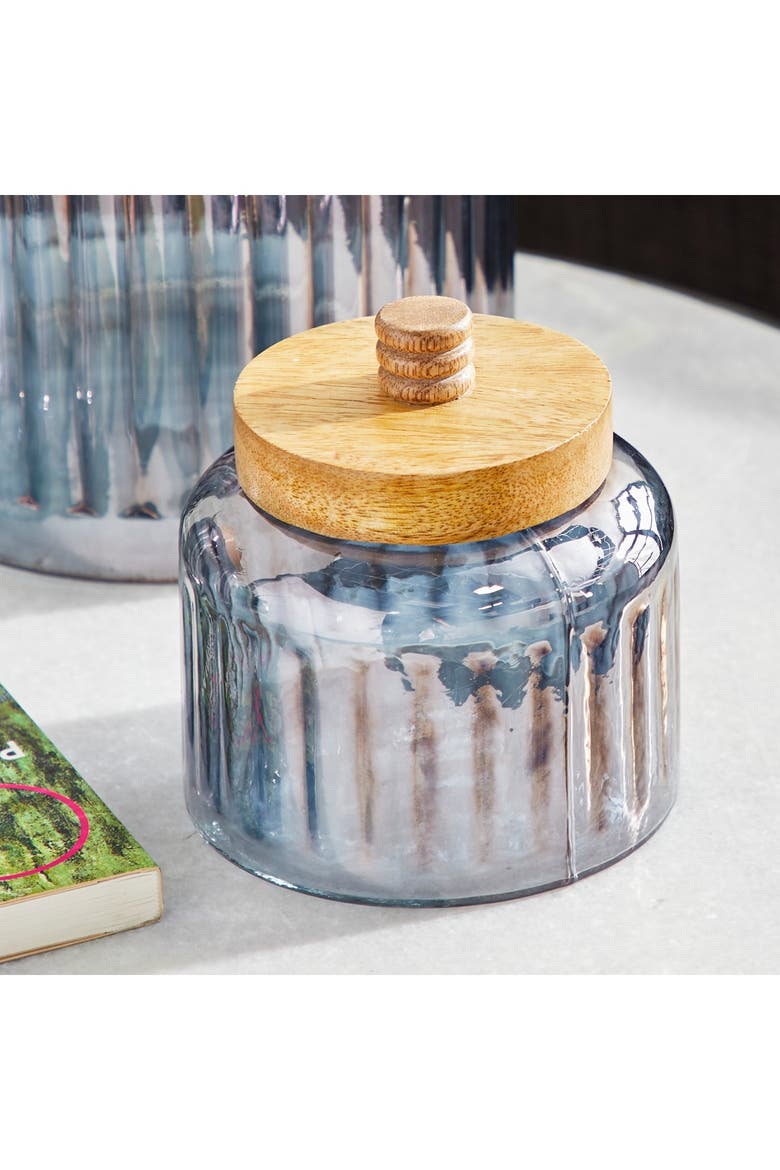 Gray Glass Decorative Jar with Wood Lid - Set of 3, Alternate, color, GREY