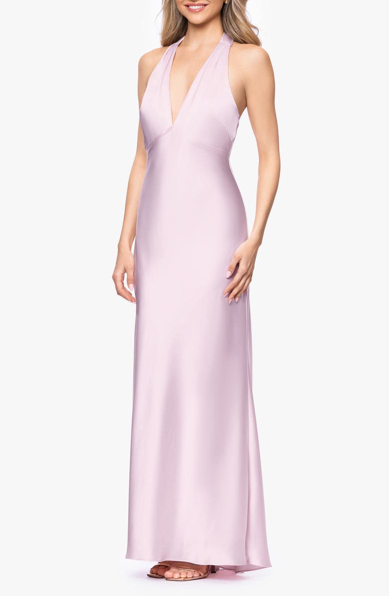 Xscape Evenings Halter Satin Gown, Alternate, color, Light Pink