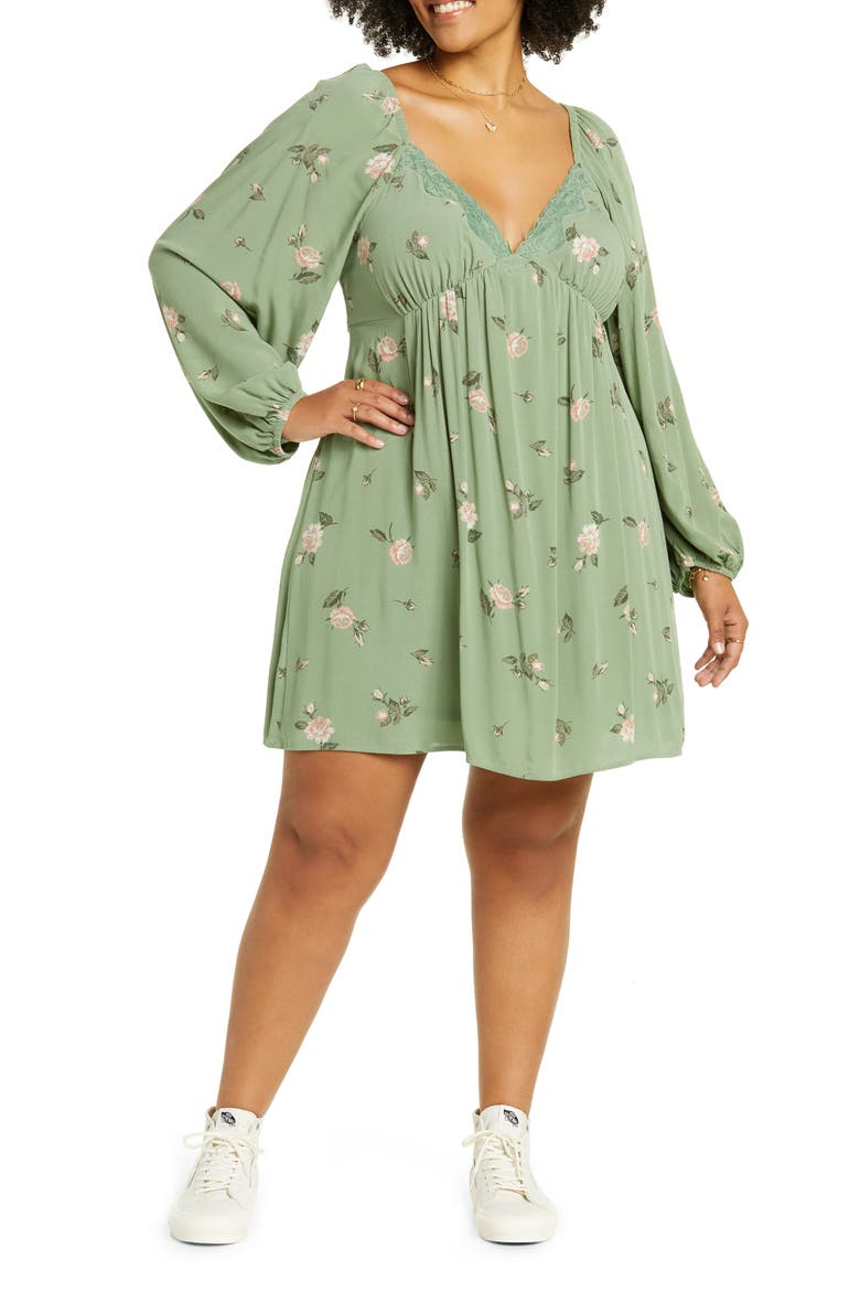 Lace Trim Long Sleeve Babydoll Dress, Main, color, GREEN ROSEBUD