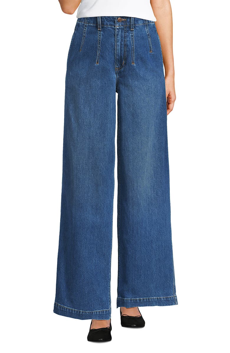 Lands' End Petite Soft Denim High Rise Wide Leg Top Stitch Trousers, Alternate, color, Indigo Tide Blue