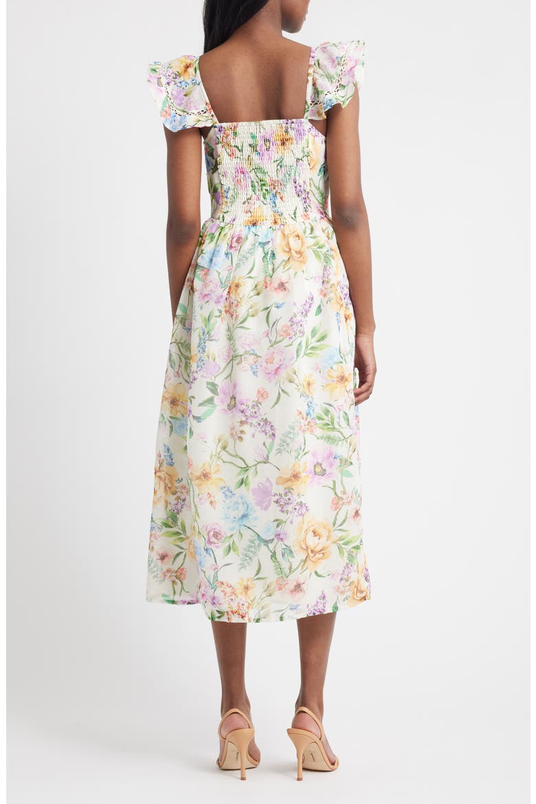 Floral Print Flutter Sleeve Midi Dress, Alternate, color, WHITE