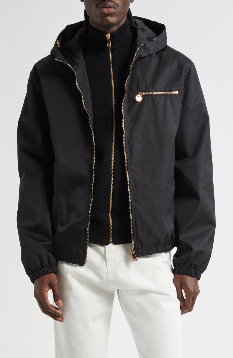 Versace Nylon Twill Hooded Windbreaker, Main, color, Black