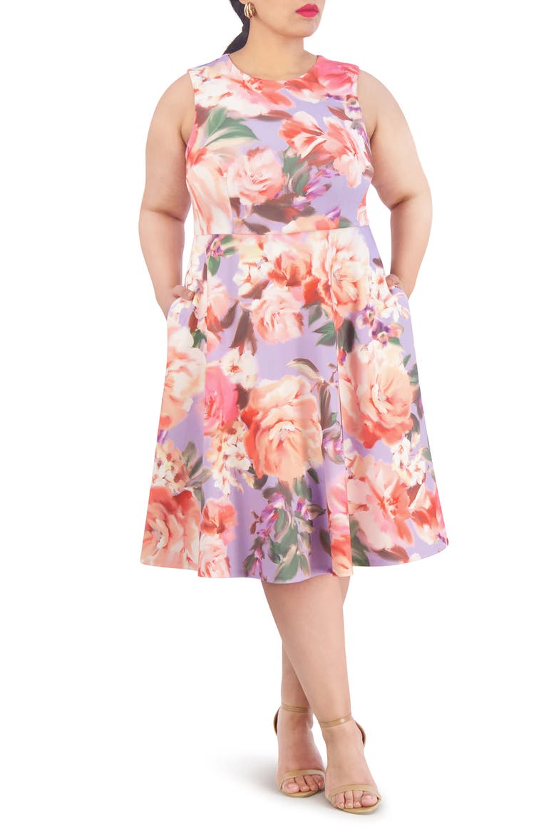 Floral Sleeveless Fit & Flare Scuba Dress, Main, color, LAVENDER