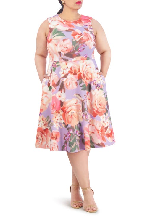 Floral Sleeveless Fit & Flare Scuba Dress (Plus)