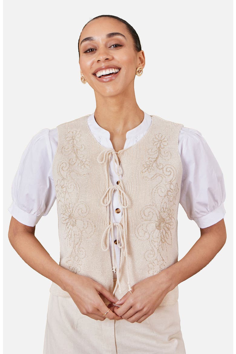Embroidered Tie Front Waistcoat, Alternate, color, Beige