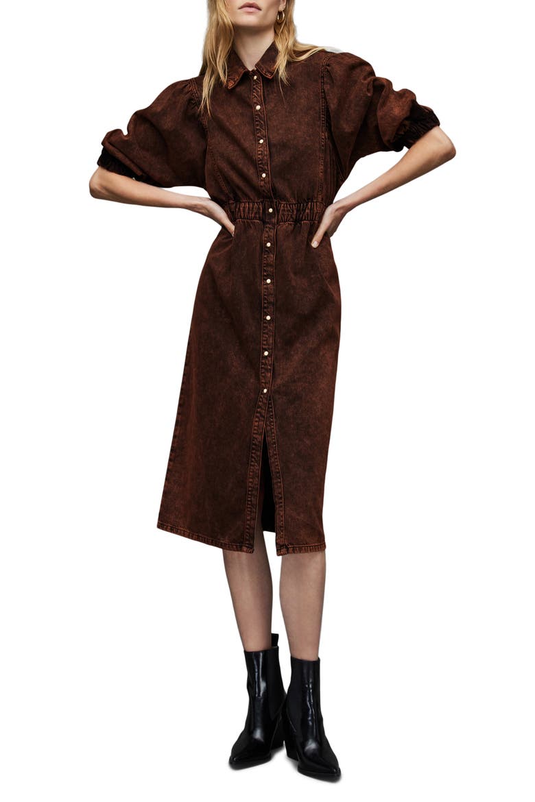 Osa Puff Sleeve Denim Midi Shirtdress, Main, color, ACID BROWN