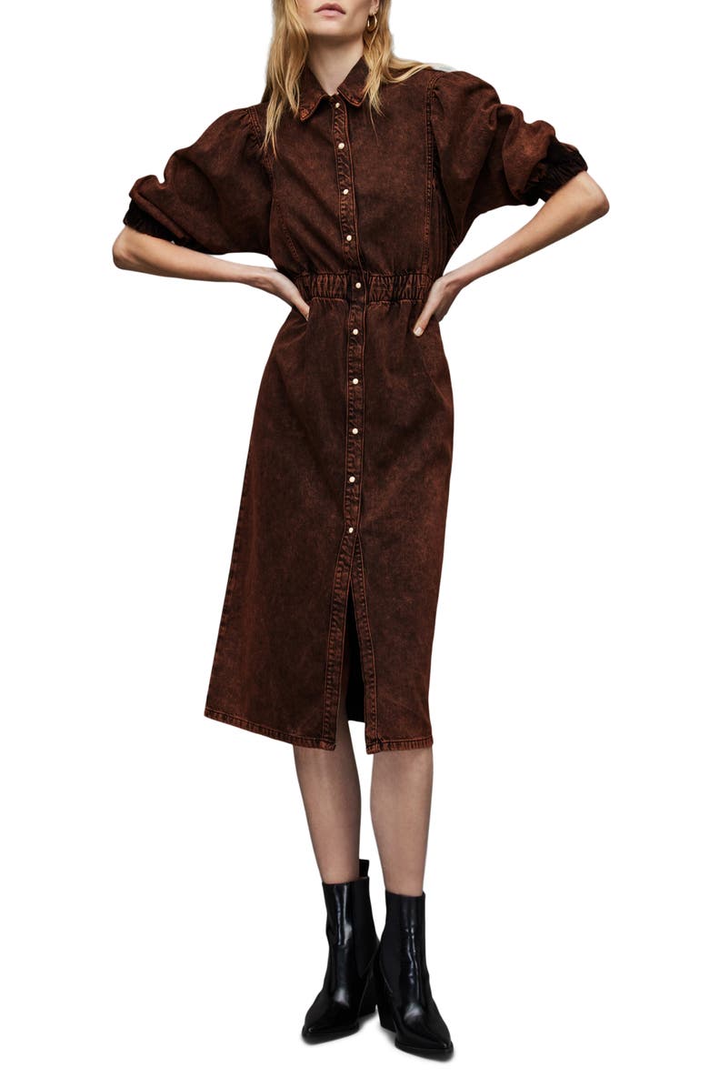 AllSaints Osa Puff Sleeve Denim Midi Shirtdress, Main, color,