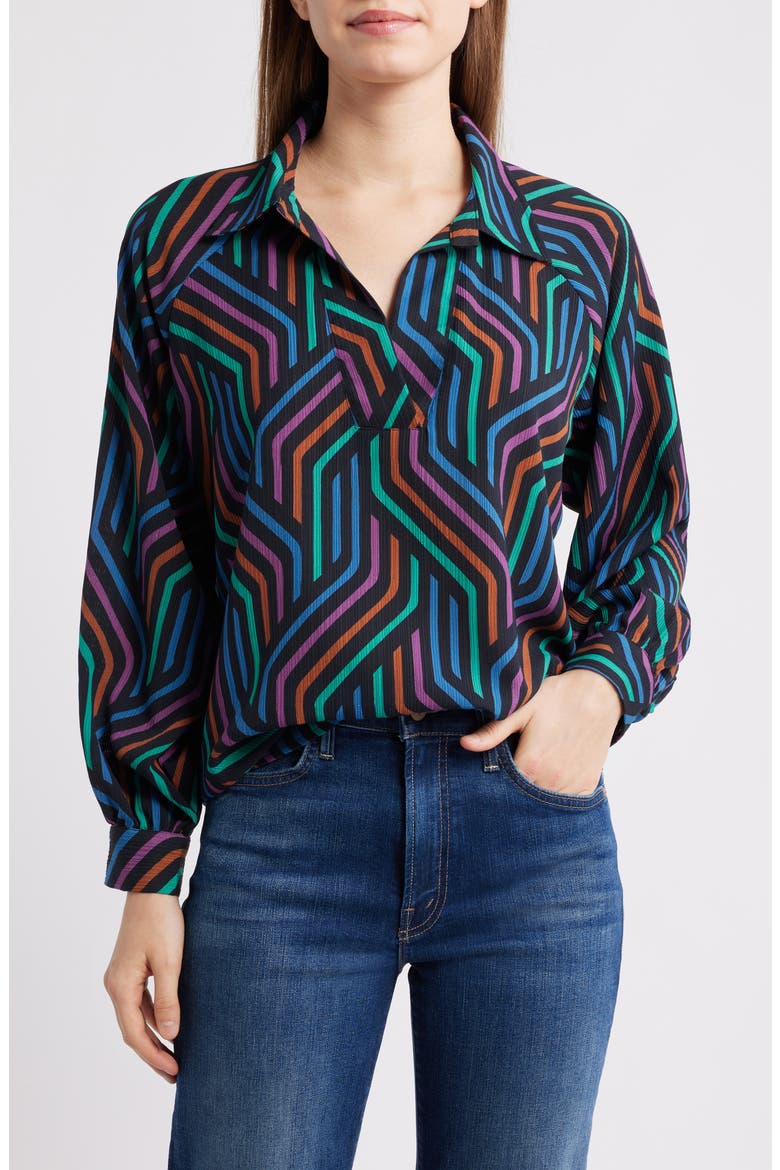 Print Split Neck Top, Main, color, BLACK MULTI