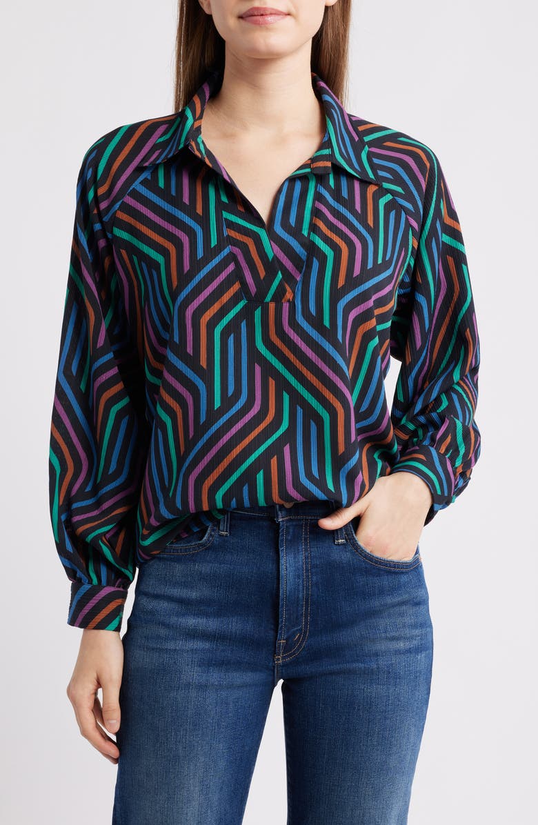 APNY Print Split Neck Top, Main, color, Black Multi