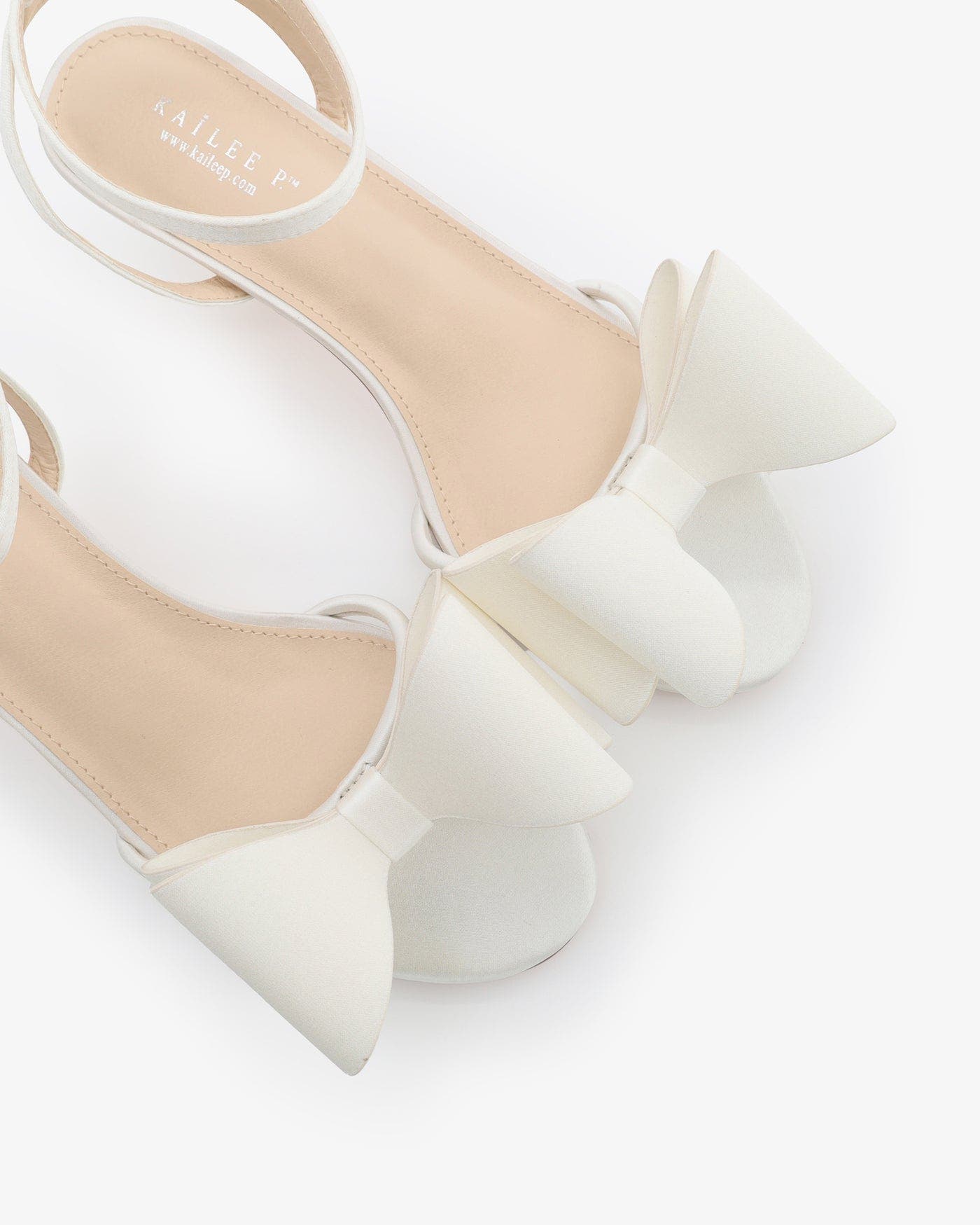 Kailee P Sylvia Satin Strappy Kitten Heel Sandals with Front Tuxie Bow, Alternate, color, White