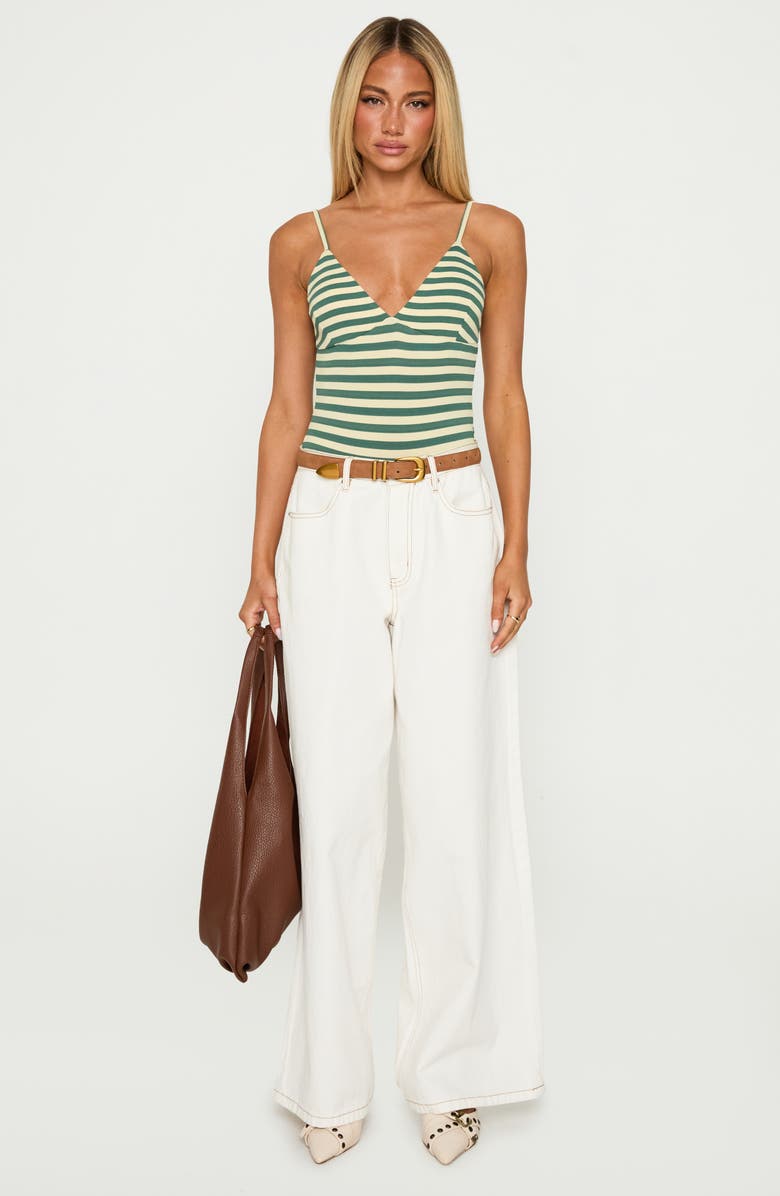 Princess Polly Like A Daydream Stripe Tank Bodysuit, Alternate, color, Green / Cream