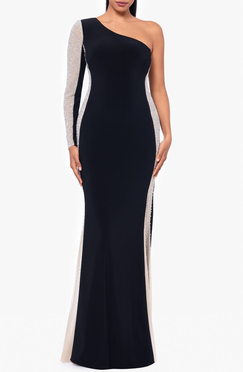 Xscape Evenings Faraj Beaded Long Sleeve One-Shoulder Gown, Alternate, color, 