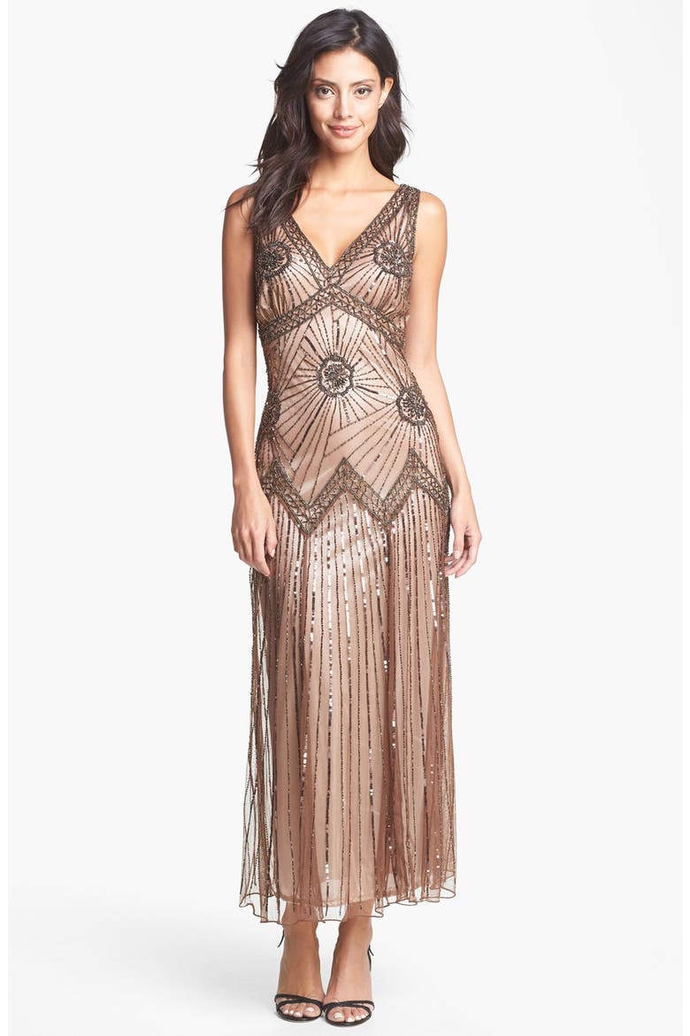 Beaded Mesh Gown, Main, color, LIGHT CHOCOLATE
