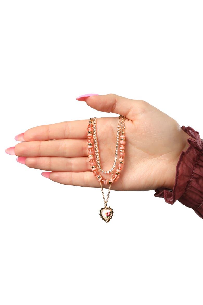 3-Piece Necklaces for Women, Layering Necklaces Gold-Tone | Triple Necklace Stack 3 Separate Lengths, Pink Bead and Pearl Embellishments, Rose and Heart Pendant, Alternate, color, Gold-Tone
