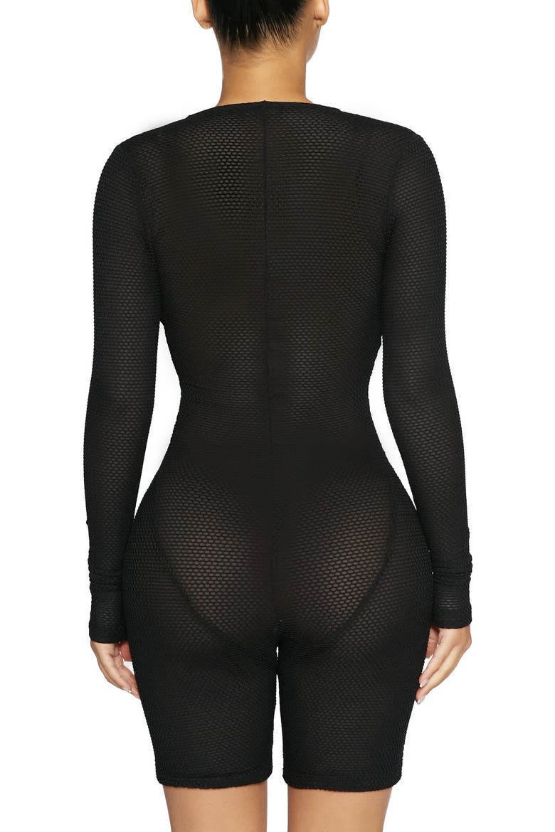 Net Zip-Up Long Sleeve Mesh Romper, Alternate, color, BLACK