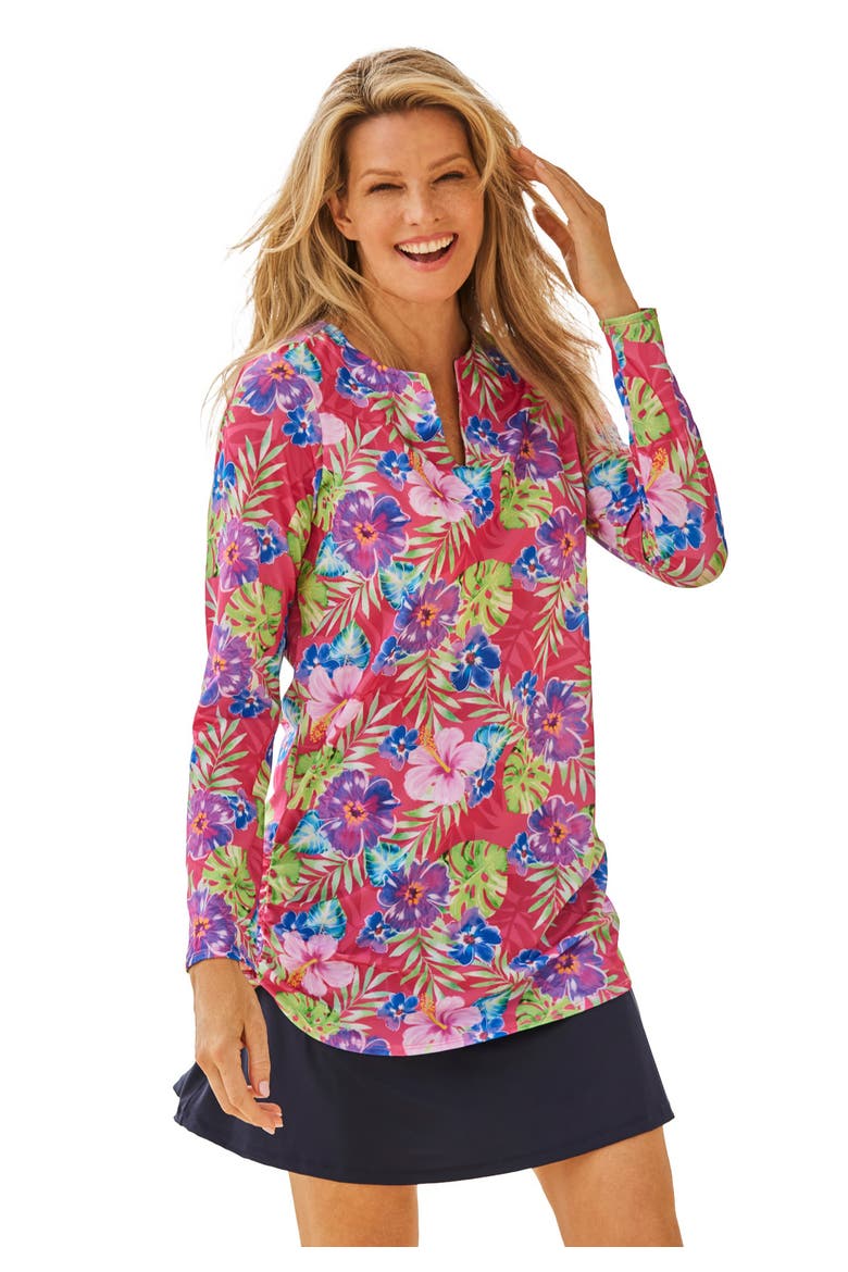 Split-Neck Long Sleeve Swim Tee With Built-In Bra, Main, color, NEON HIBISCUS