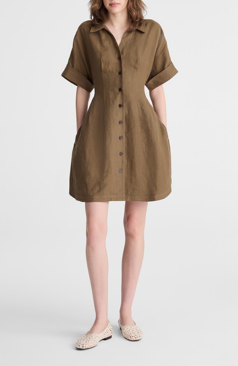 Madewell Pleated Linen Mini Shirtdress, Main, color, Safari Khaki