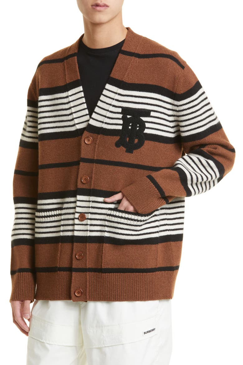 Icon Stripe Monogram Logo Patch Wool & Cashmere Cardigan, Alternate, color, DARK BIRCH BROWN