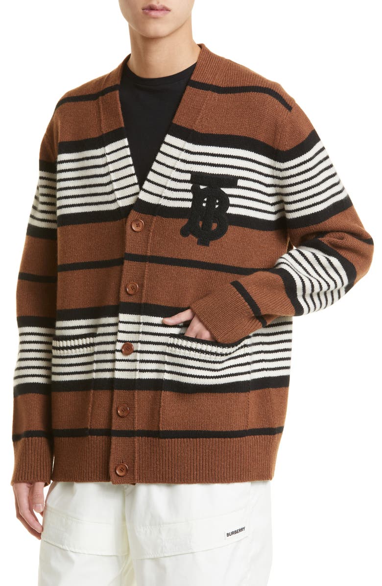 Burberry Icon Stripe Monogram Logo Patch Wool & Cashmere Cardigan, Alternate, color, 