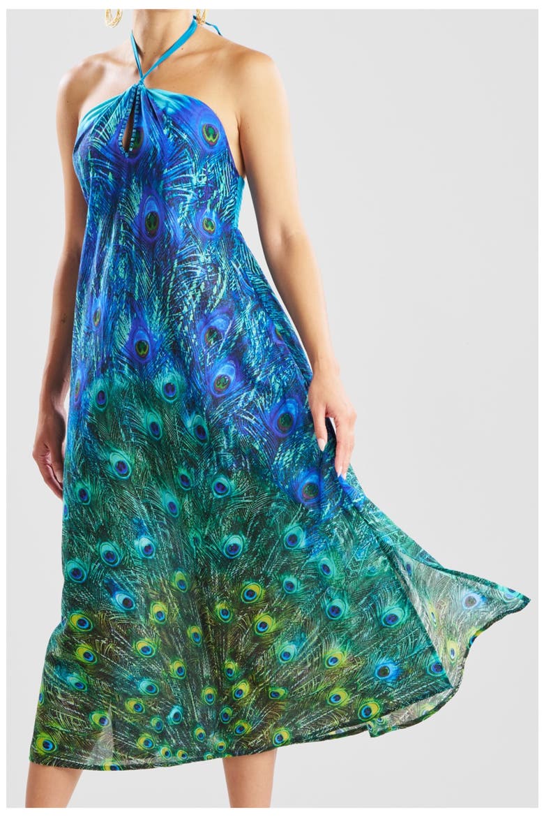 Peacock Cotton Voile Maxi Dress w/ Beading, Alternate, color, TEAL