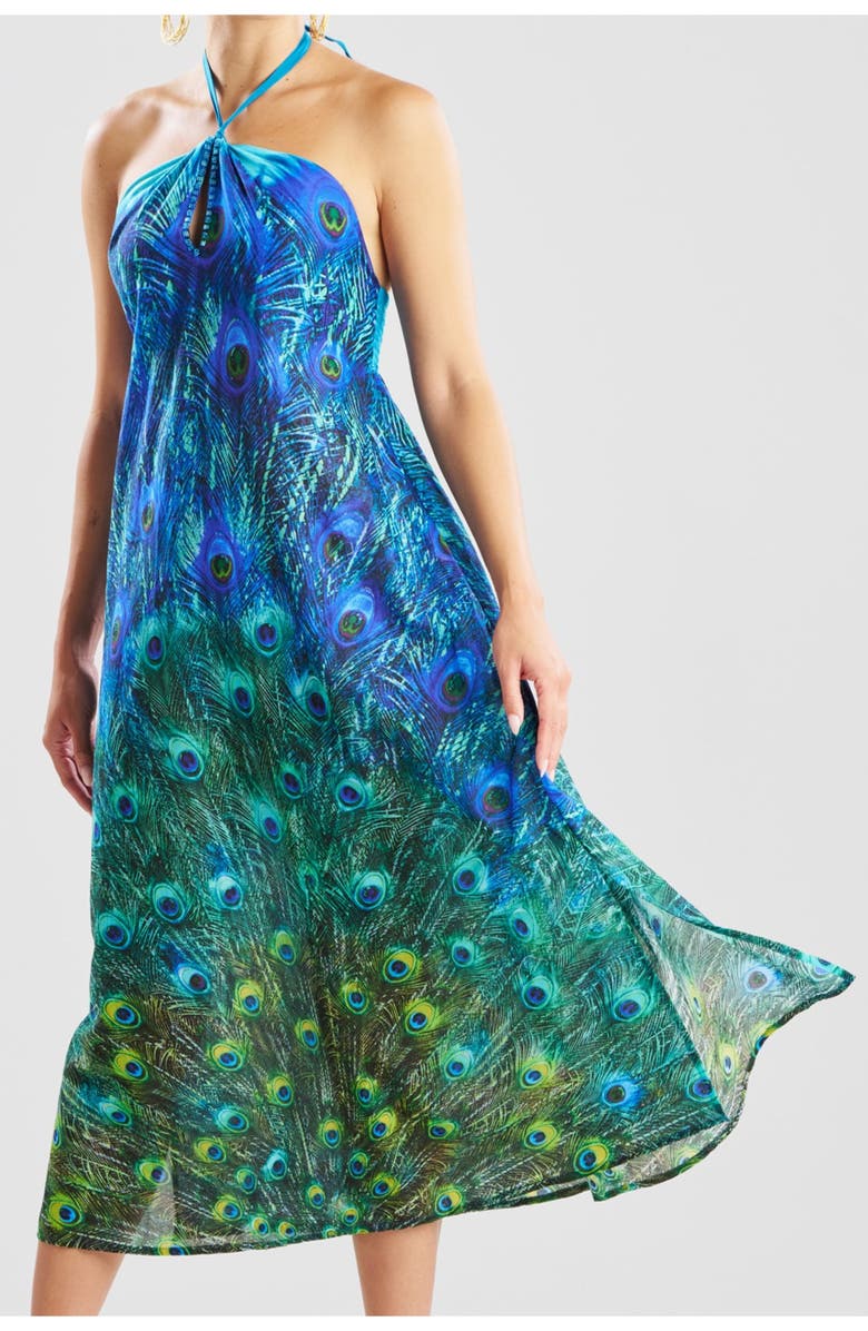 Natori Peacock Cotton Voile Maxi Dress w/ Beading, Alternate, color, Teal