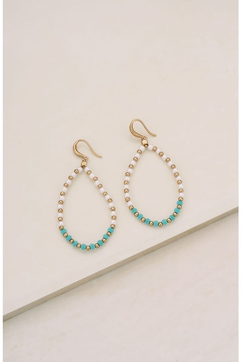 Imitation Pearl & Turquoise Beaded Teardrop Earrings, Alternate, color, GOLD