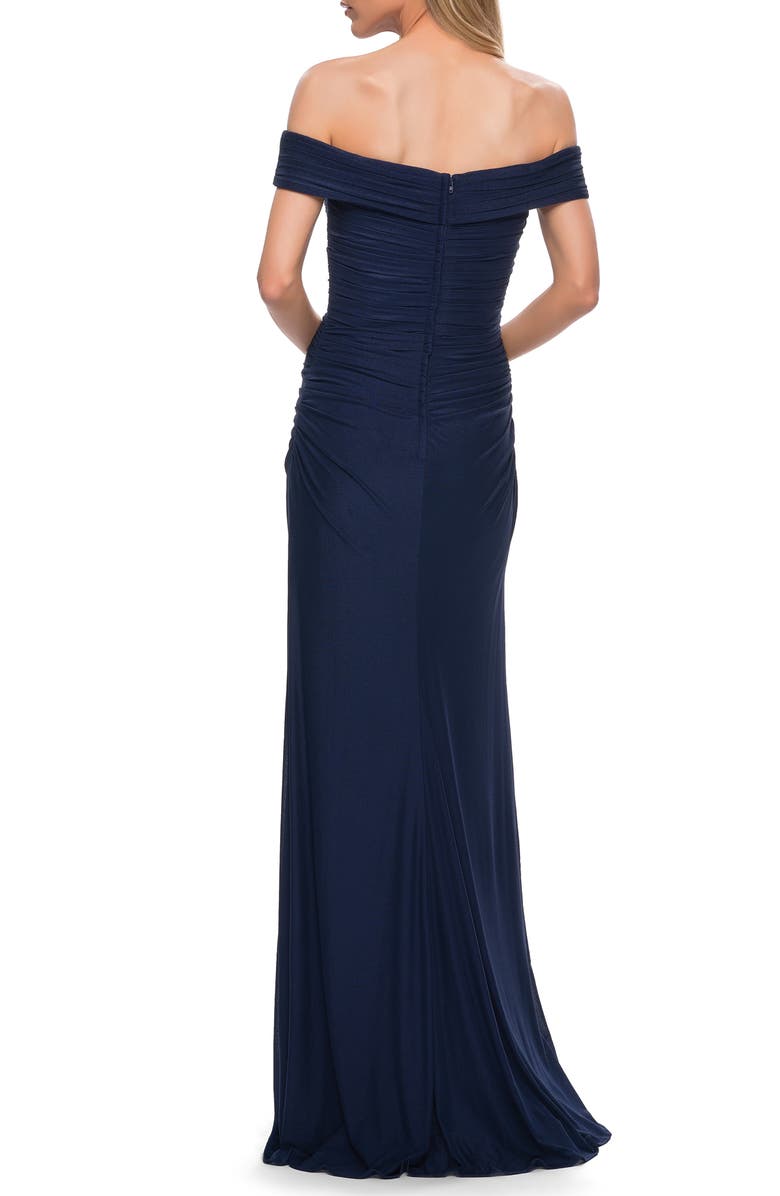 La Femme Off the Shoulder Ruched Jersey Trumpet Gown, Alternate, color,