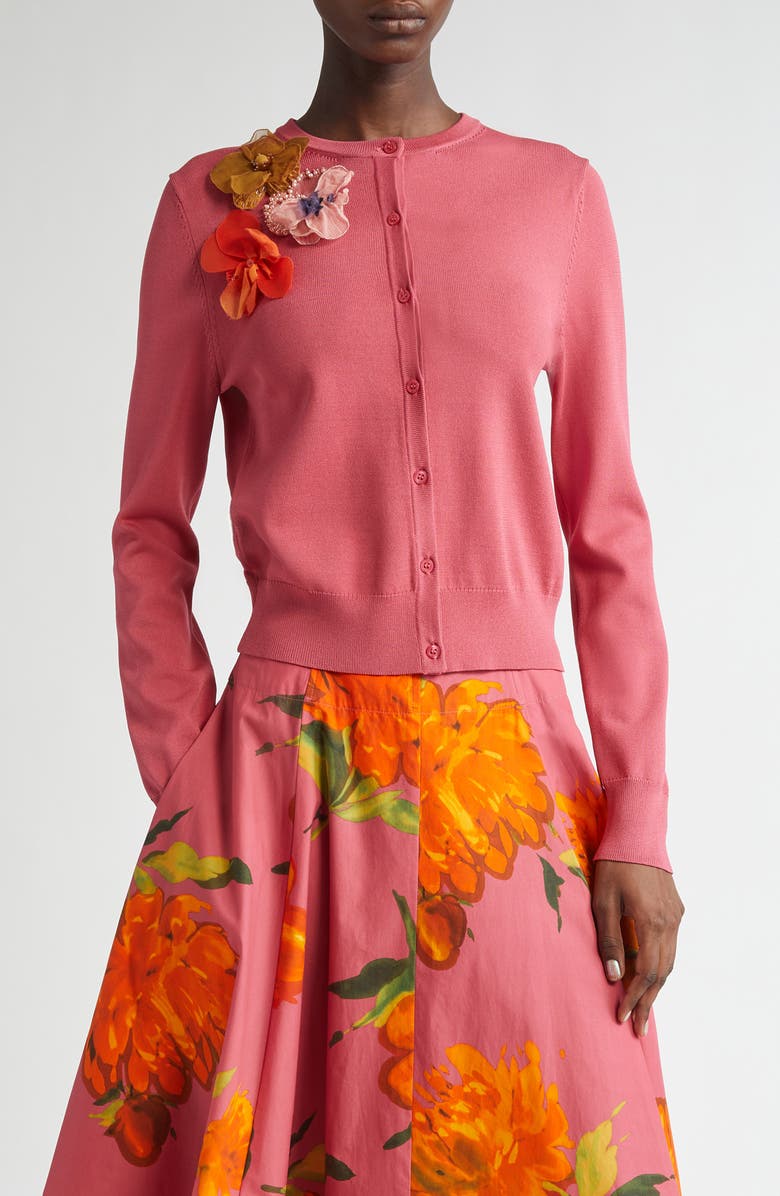 Lela Rose Floral Appliqué Cardigan, Main, color, Berry